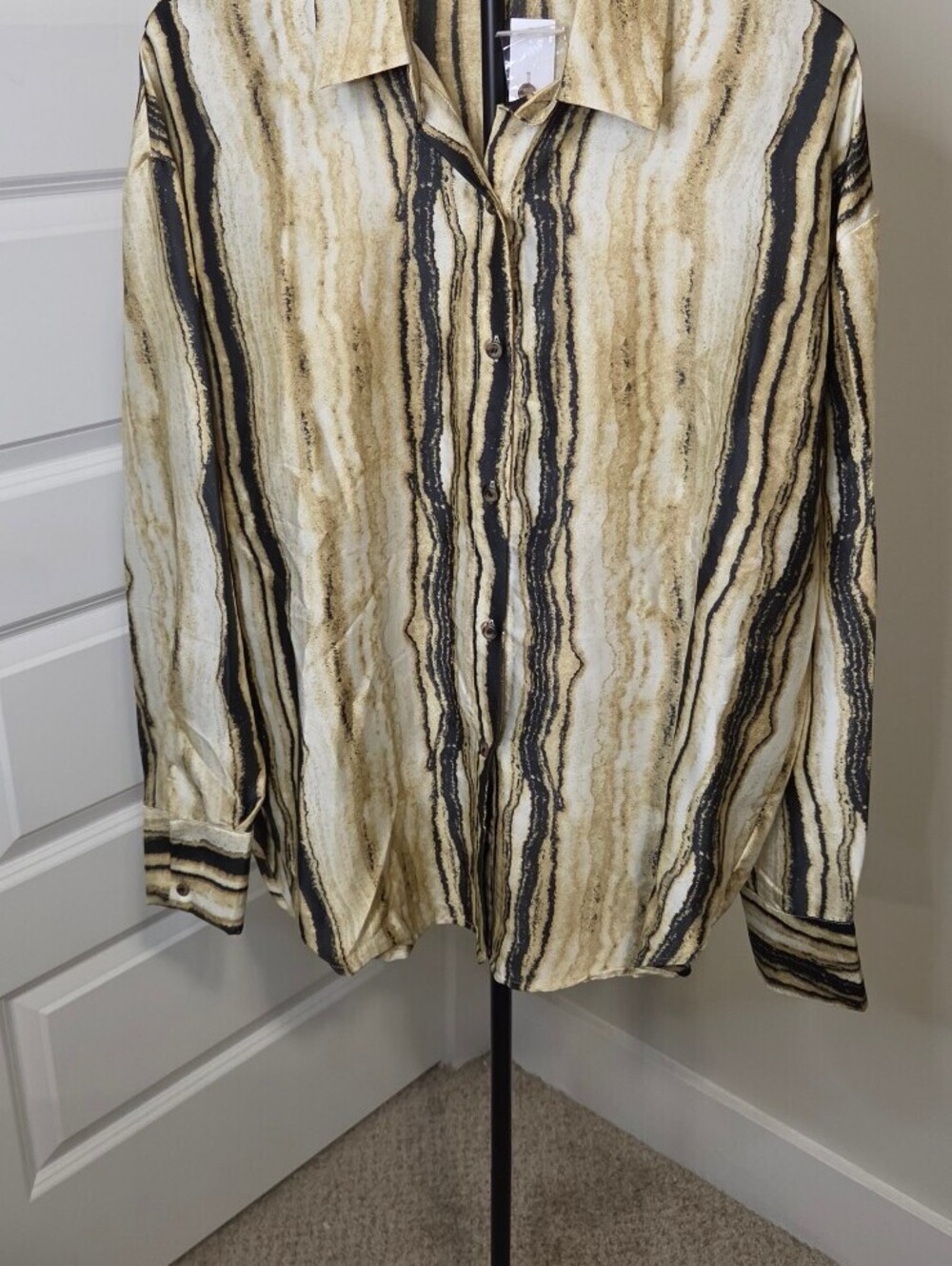 Womens Good Times Polyester Button-Up Blouse Beige and Black Abstract Size L